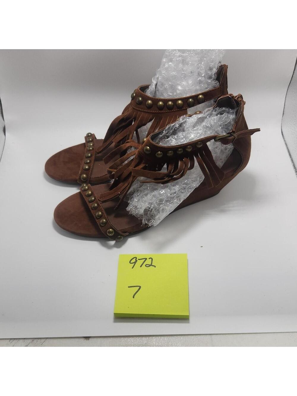 American Rage Women's Strappy Flat Sandals Leather Brown Fringe Studded Zip 7